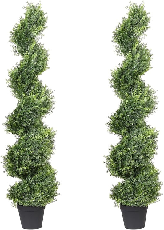 THE BLOOM TIMES 4ft Artificial Topiary Trees Set of 2, 48 inch Faux Cedar Cypress Spiral Topiary Trees Outdoor - Fake Plants for Garden Front Porch Indoor Outside Planter Christmas Decor 4 Foot