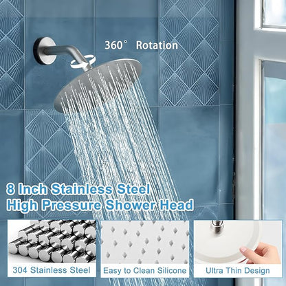 HUCKLE Shower Faucet Set with Shower Head, 8-Inch Brushed Nickel Shower Faucet with Valve, Single-Handle Rainfall Shower Trim Kit, Matte Black Shower Fixtures for Bathroom