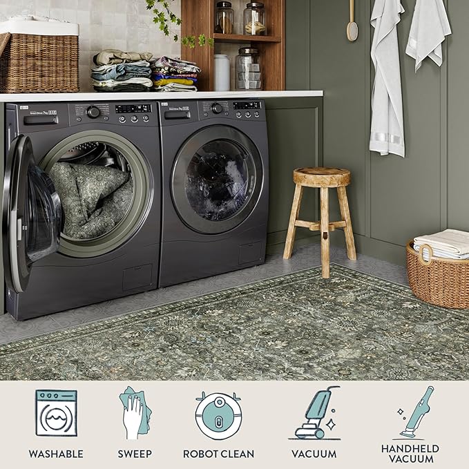Lahome Green 8x10 Rugs for Living Room, Boho Washable Area Rugs for Bedroom, Rubber Backed Non Slip Floor Carpets for Dining Room Home Apartment, Dark Olive Green