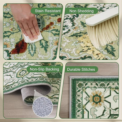 Area Rugs for Living Room 6x9 - Machine Washable Vintage Oriental Soft Rug, Low Pile Thin Floor Carpet with Non Slip Backing for Bedroom, Dorm, Under Dining Room Table, Indoor House, Office Decor