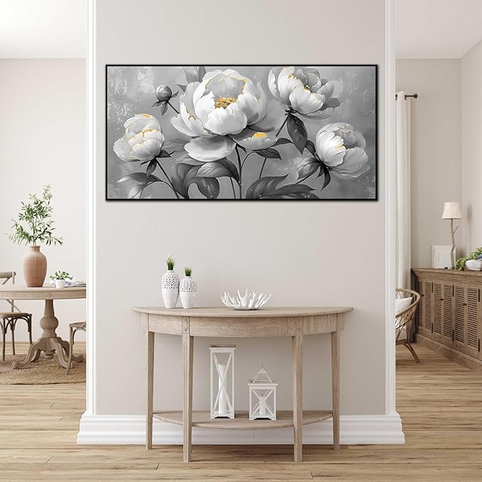Large Black and White Flower Canvas Wall Art With Black Wood Frames for Living Room Bedroom Home Office Modern Canvas Prints Framed Canvas Wall Art Size 30x60