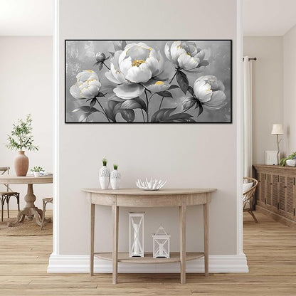 Large Black and White Flower Canvas Wall Art With Black Wood Frames for Living Room Bedroom Home Office Modern Canvas Prints Framed Canvas Wall Art Size 30x60