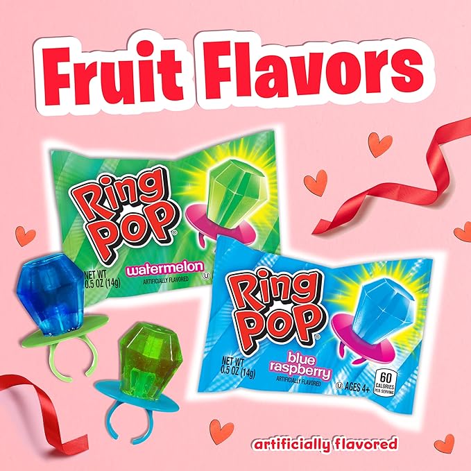 Ring Pop Candy, Valentine's Lollipops, 50 Ct Party Favors in Assorted Fruity Flavors - Full Size, Fun Hard Candy For Birthday Parties, Valentine's Gifts, Goodie Bags, Party Favors