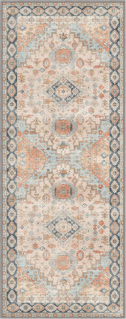 GENIMO 2x5 Washable Runner Rug for Hallway, Vintage Non Slip Low Pile Carpet, Soft Lightweight Printed Rug for Entryway, Kitchen, Corridor & Home Office, Peach Blossom