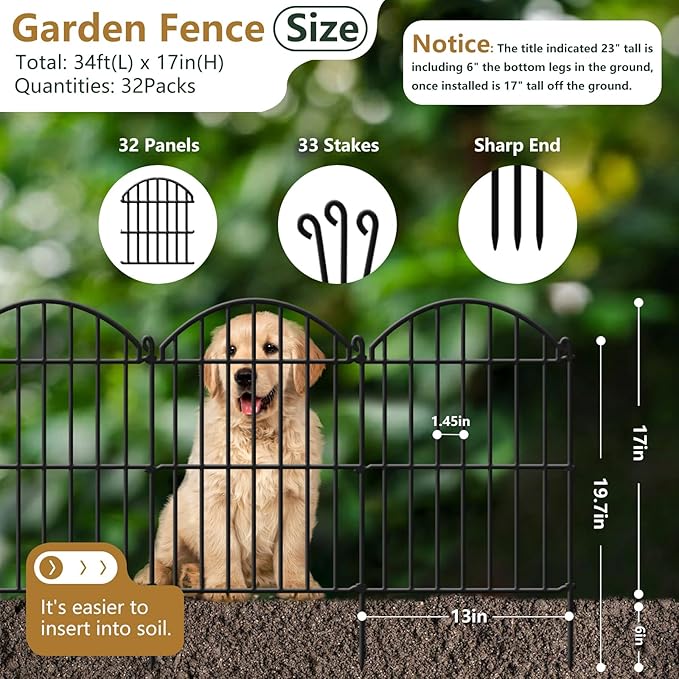 32 Panels Garden Fence, 34ft x 23in Animal Barrier Fences for Rabbits Dogs, Rustproof Metal Gardens Border Fencing, Arched Decorative Flower Bed Edging Barriers for Outdoor Yard Patio