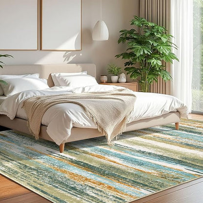 Modern Abstract 8x10 Large Machine Washable Living Room Rug Non-Slip Soft Bedroom Area Rug Green Mustard Multi Ultra Thin Print Faux Wool Carpet Throw Rugs for Playroom Dining Room Indoor