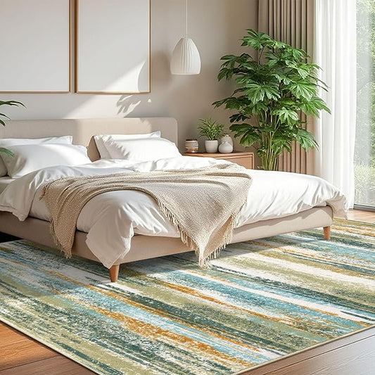 Modern Abstract 8x10 Large Machine Washable Living Room Rug Non-Slip Soft Bedroom Area Rug Green Mustard Multi Ultra Thin Print Faux Wool Carpet Throw Rugs for Playroom Dining Room Indoor