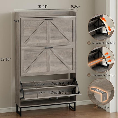 Shoe Cabinet with 3 Flip Drawers Narrow Shoe Storage Cabinet Organizer Wooden Freestanding Shoe Rack Hidden Slim Shoes Storage Cabinet for Entryway, Hallway, Living Room, Bedroom