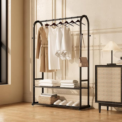 Sturdy heavy duty clothes rack,Black clothing rack with bottom shelves and 6 side hooks,Metal garment rack for hanging clothes,Wardrobe rack for Bedroom