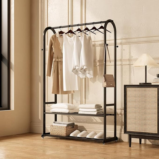 Sturdy heavy duty clothes rack,Black clothing rack with bottom shelves and 6 side hooks,Metal garment rack for hanging clothes,Wardrobe rack for Bedroom