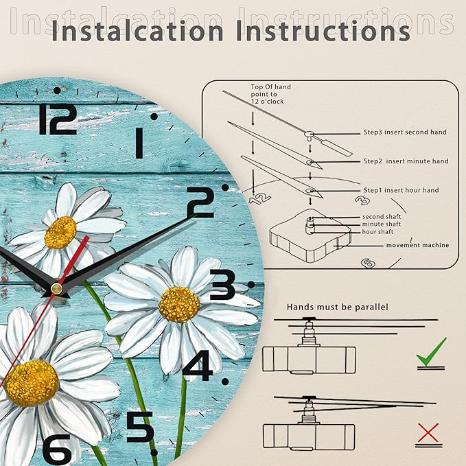 Daisy Flowers Wall Clock Vintage Wooden Wall Clock Silent Non-Ticking Battery Operated Arabic Numerals Wall Clocks Decorative for Kitchen, Office, Classroom 10 Inch