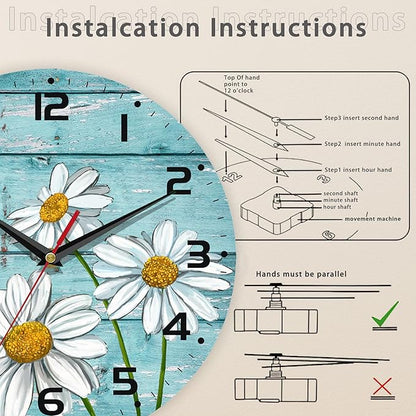 Daisy Flowers Wall Clock Vintage Wooden Wall Clock Silent Non-Ticking Battery Operated Arabic Numerals Wall Clocks Decorative for Kitchen, Office, Classroom 10 Inch
