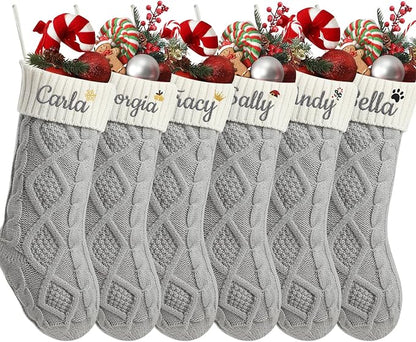 Personalized Christmas Stockings,Custom Embroidered Name+Logo Xmas Knitted Stockings 18'',Holiday and Family Stocking for Fireplace Christmas Holiday Party Decoration 1-6Pack（Grey White）