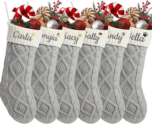 Personalized Christmas Stockings,Custom Embroidered Name+Logo Xmas Knitted Stockings 18'',Holiday and Family Stocking for Fireplace Christmas Holiday Party Decoration 1-6Pack（Grey White）