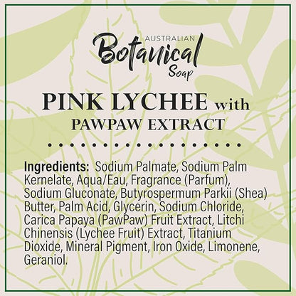Australian Botanical Soap, 6.6 OZ, Pink Lychee and Pawpaw Extract, Triple Milled Bars made with a Natural Soap Base and Enriched with Organic Shea Butter, Pack of 8