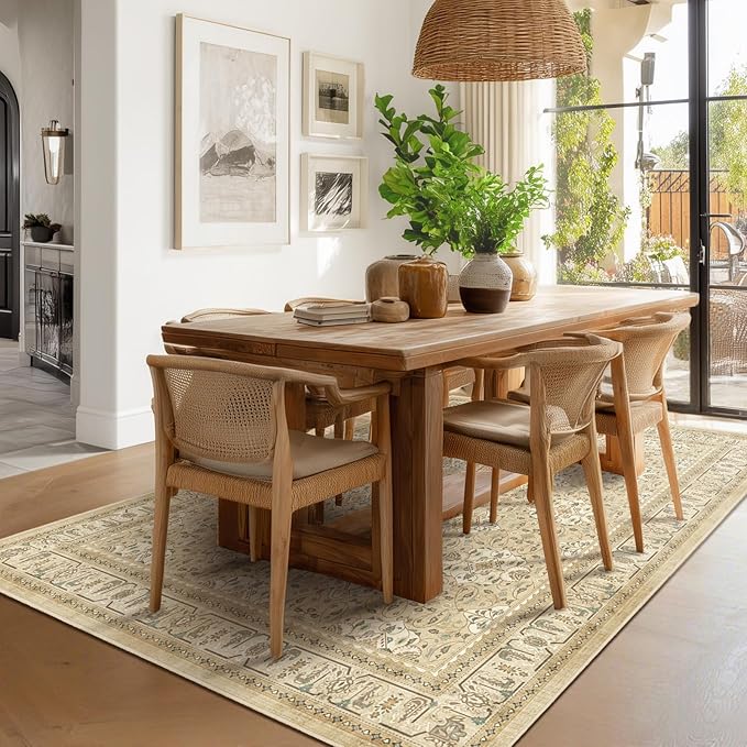 Warm Beige Area Rug 5x7, Non Slip Washable Rugs for Living Room Bedroom Low Pile Thin, Boho Neutral Floral Moroccan Pattern Printed Carpet Rug for Nursery Playroom Dining Room Home Office