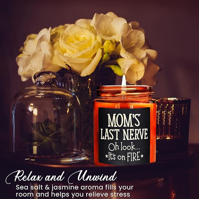 Mom's Last Nerve Candles - Fun Birthday, Mothers Day Gifts from Daughter, Son - Best Funny Stress Relief, Relaxing Gifts for Women, Wife, New Mom - Jasmine Scented Soy Wax Jar Candle for Home