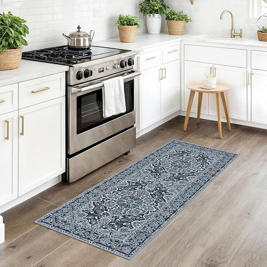 KUTA Vintage Washable Runner Rug, 2x5 Runners Non-Slip Navy Blue 5ft Hallway Kitchen Rugs Ultra Soft Printed Distressed Tribal Farmhouse Carpet for Bedroom Entryway Decor