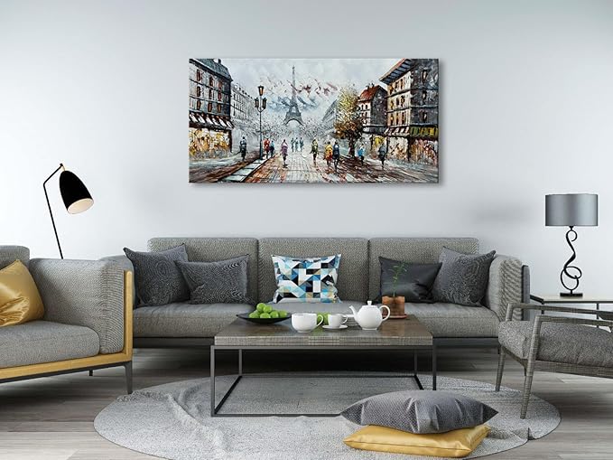 Alenoss Modern Oil Paintings on Canvas Wall Art, Paris Eiffel Tower Landscape Abstract Paintings for Living Room Bedroom Office Wall Decor 48x24 Inches, Ready to Hang