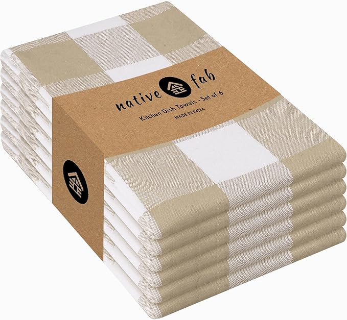 Native Fab 6 Pack Buffalo Check Kitchen Towels16 x26 - Cotton Dish Towels Washable - Absorbent Tea Towels, Soft Hand Towel with Hanging Loop, Dish Cloth Set - Beige White