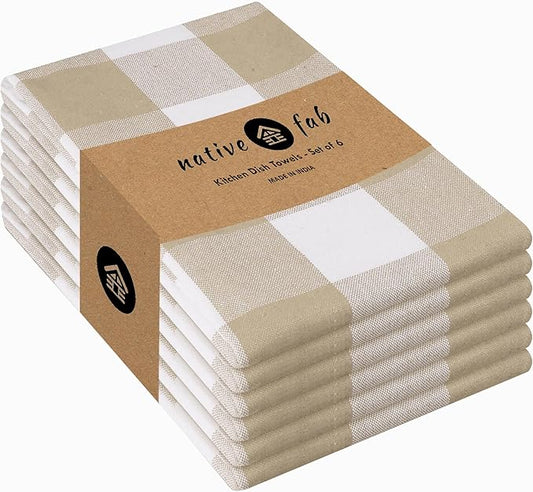 Native Fab 6 Pack Buffalo Check Kitchen Towels16 x26 - Cotton Dish Towels Washable - Absorbent Tea Towels, Soft Hand Towel with Hanging Loop, Dish Cloth Set - Beige White