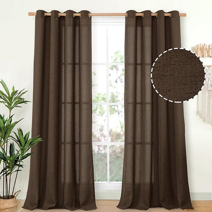 YoungsTex Brown Linen Curtains 95 Inches Long 2 Panels for Living Room, Chocolate Semi Sheer Drapes with Bronze Grommet Light Filtering Floor Length for Bedroom Dining Room Farmhouse, 52 x 95 Inch