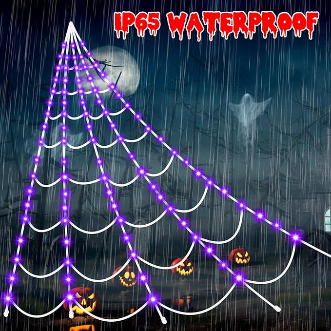 Halloween Decorations Spider Webs Lights: 150 Purple LED Halloween Lights Decor, 17.4Ft Giant Spiderweb with 8 Lighting Modes Waterproof & Timer, Yard Spider Web Decoration