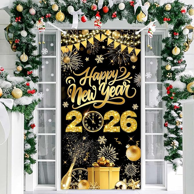 Black Gold Happy New Year 2026 Door Cover, Large 2026 NYE Front Door Banner New Year Eve Party Backdrop Decoration for Indoor Outdoor Festive NYE Hanging Sign