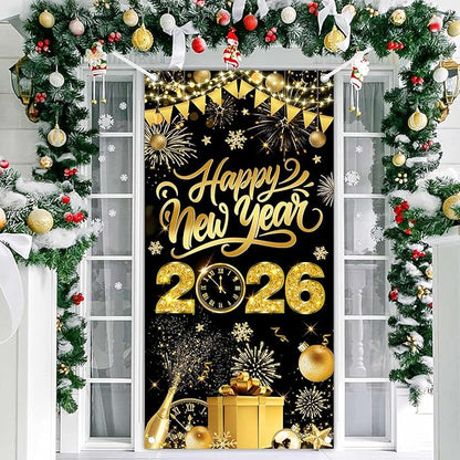 Black Gold Happy New Year 2026 Door Cover, Large 2026 NYE Front Door Banner New Year Eve Party Backdrop Decoration for Indoor Outdoor Festive NYE Hanging Sign