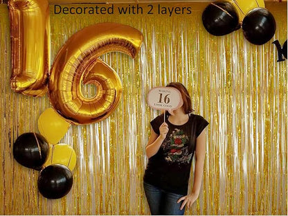Foil Fringe Curtains Happy Retirement Decorations - Melsan 3 Pack 3.2 x 8.2 ft Gold Tinsel Curtain Party Photo Backdrop for Birthday Party Baby Shower or Graduation