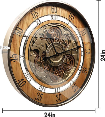 HOIBAI Wall Clock, 24 Inch Moving Gears Clock Large Wall Clock for Living Room Decor Rustic Vintage Industrial Steampunk Farmhouse Big Clock for Home Kitchen Bedroom Office