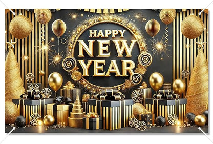 Happy New Year Backdrop 71x43 Inch Black Gold Party Banner Luxury Fireworks Celebration Background Elegant Holiday Wall Decor for New Year Eve Party Photo Booth Home Event