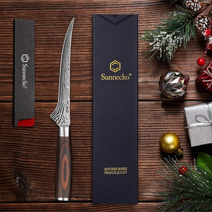 Sunnecko Boning Knife with Pakkawood Handle,6 inch High Carbon German Stainless Steel Fillet Knife for Meat and Poultry
