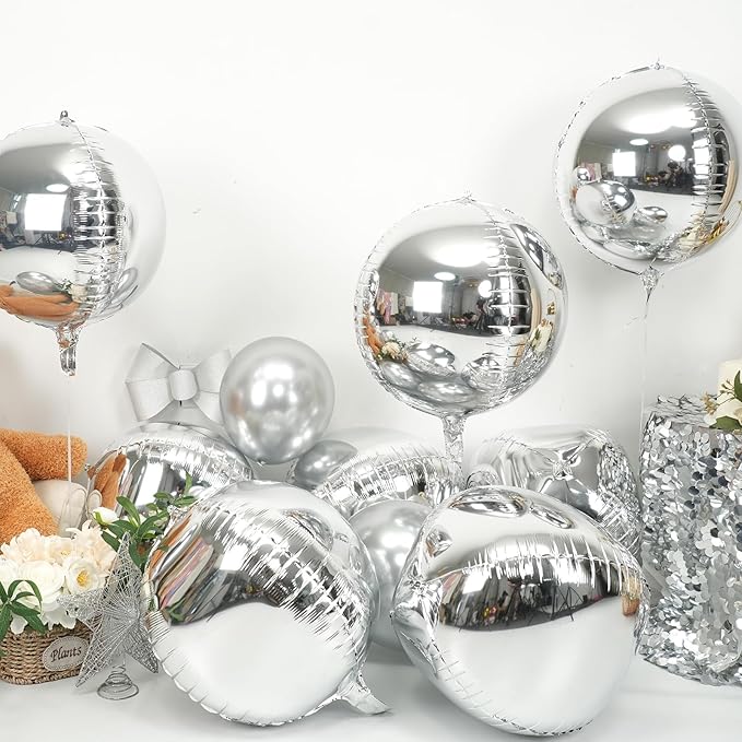 Silver Round Foil Balloons 9 pcs,Metallic Silver Giant 4D Round Balloons 22 Inch for Wedding Graduation Anniversary Baby Shower Birthday Party Decorations