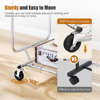 Heavy Duty Clothes Rack Load 620 LBS Metal Garment Clothing Rack Hang 300 pieces of clothing on Wheels Collapsible Rolling Portable & Adjustable Double Rod with Hook for Hanging Clothes