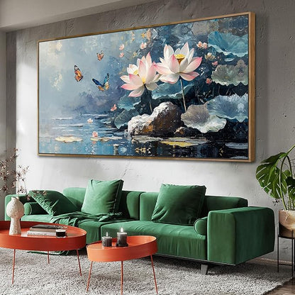 Ardemy Lotus Floral Canvas Wall Art Lrage Framed Pictures Wall Decor Living Room Flower Paintings Artwork for Walls Bedroom Kitchen Dining Room Home Office, 58"x29"