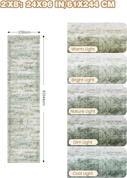 Rug Runners for Hallways Non Slip - 2x8 Runner Rug for Bedroom, Washable Runner with Rubber Backing, Soft Low-Pile Carpet for Kitchen, Laundry, Bathroom (2'x8', Green/Yellow/Ivory)