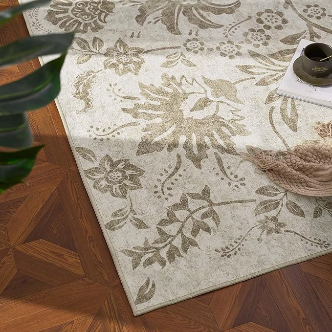 jinchan Floral 8x10 Area Rugs, Vintage-Inspired Neutral Design Accent Living Room Rug, Machine Washable Ultra-Thin Low-Pile Non-Slip Traditional Carpet for Bedroom Dining Room Home Office, Taupe
