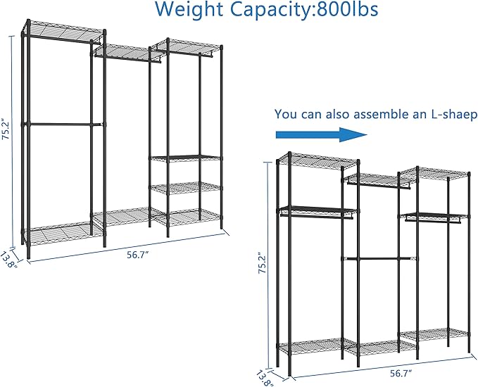 Portable Closet Clothes Rack, Freestanding Clothing Rack, Metal Garment Rack,Adjustable Custom Closet Rack, 56.7" L x 13.8" W x 75.2" H, Max Load 700LBS, Small(Black)