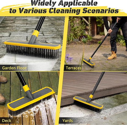 Heavy Duty Broom Wire Floor Scrub Brush with Long Handle, 2 in 1 Scrape and Stainless Steel Bristle Brooms Scrubber for Deck Concrete Patio Outdoor Moss Removal