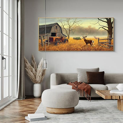 XLSJERST Extra Large Deer Wall Art for Living Room Canvas Prints Decor Decoration Country Tractor Rustic Wildlife Cabin Hunting Picture Glass Surface Artwork Ready to Hang for Bedroom Home Office - 70x31
