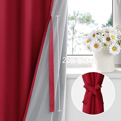 XWZO Total Blackout Curtains 72 Inches Long - Double Layer Full Room Darkening & Energy Efficiency Grommet Window Panels with Tiebacks, Christmas Red, W42 x L72, Set of 2