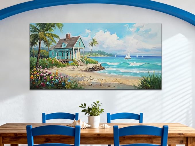 Anolyfi Tropical Canvas Wall Art for Living Room, Palm Tree Nature Coastal Seascape Painting Wall Decor Textured Artwork for Bedroom Hallway Kitchen Office Home Decor 40"x20"