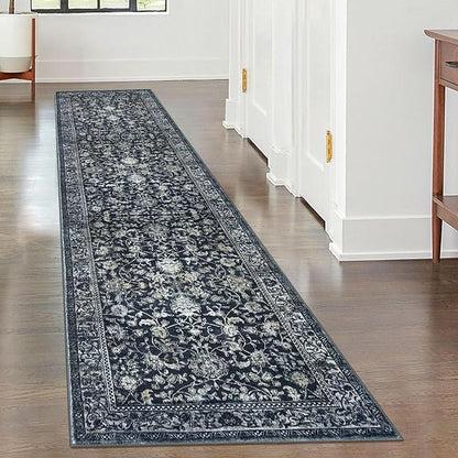 KILOCOCO Hallway Runner 2x8 Rug Runner Printed Vintage Floral Washable Kitchen Runners Non-slip Rubber Backed Runners for Hallways Laundry Room Distressed Boho Rugs for Entryway Bedroom, Navy/Charcoal