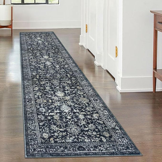 KILOCOCO Hallway Runner 2x8 Rug Runner Printed Vintage Floral Washable Kitchen Runners Non-slip Rubber Backed Runners for Hallways Laundry Room Distressed Boho Rugs for Entryway Bedroom, Navy/Charcoal