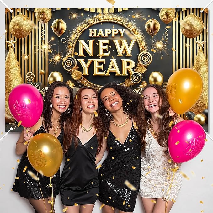 Happy New Year Backdrop 71x43 Inch Black Gold Party Banner Luxury Fireworks Celebration Background Elegant Holiday Wall Decor for New Year Eve Party Photo Booth Home Event