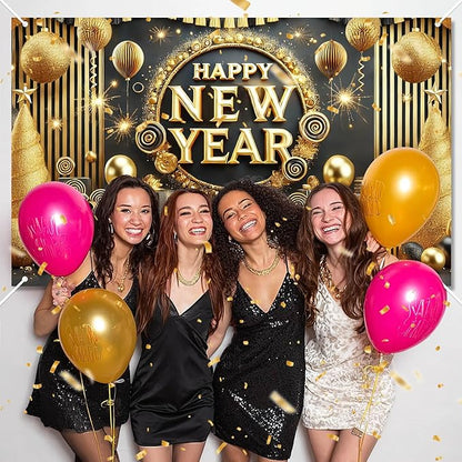 Happy New Year Backdrop 71x43 Inch Black Gold Party Banner Luxury Fireworks Celebration Background Elegant Holiday Wall Decor for New Year Eve Party Photo Booth Home Event