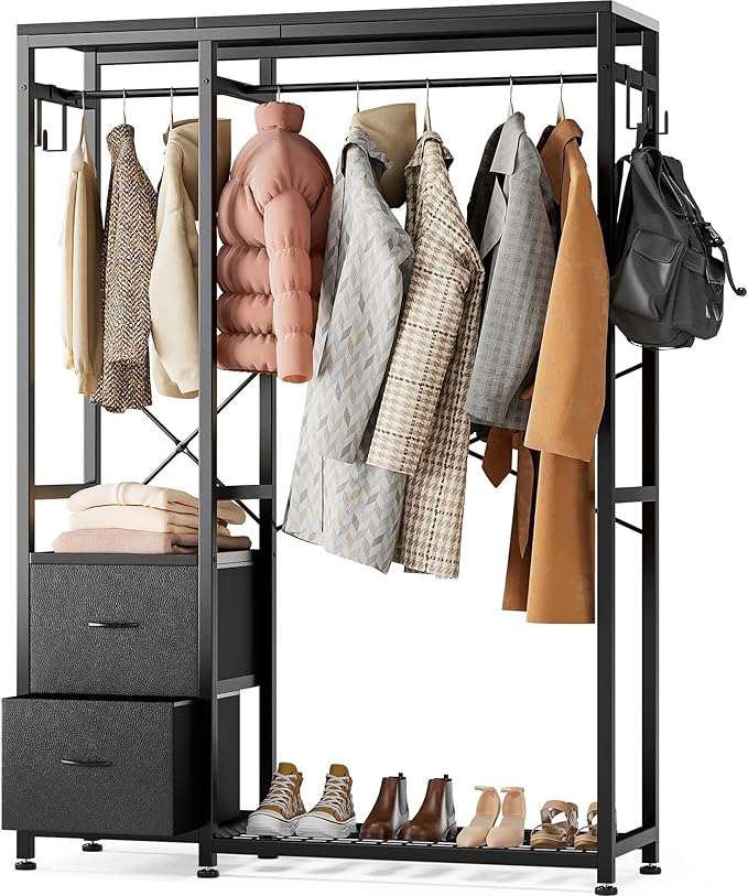 Lulive Clothes Rack, Heavy Duty Garment Rack for Hanging Clothes, Industrial Clothing Racks with Shelves, 2 Fabric Drawers, 4 Hooks, 2 Hanging Rods, Freestanding Closet Organizer, Black