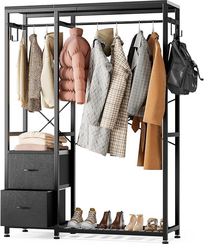 Lulive Clothes Rack, Heavy Duty Garment Rack for Hanging Clothes, Industrial Clothing Racks with Shelves, 2 Fabric Drawers, 4 Hooks, 2 Hanging Rods, Freestanding Closet Organizer, Black