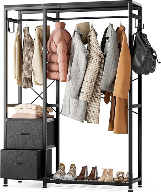 Lulive Clothes Rack, Heavy Duty Garment Rack for Hanging Clothes, Industrial Clothing Racks with Shelves, 2 Fabric Drawers, 4 Hooks, 2 Hanging Rods, Freestanding Closet Organizer, Black